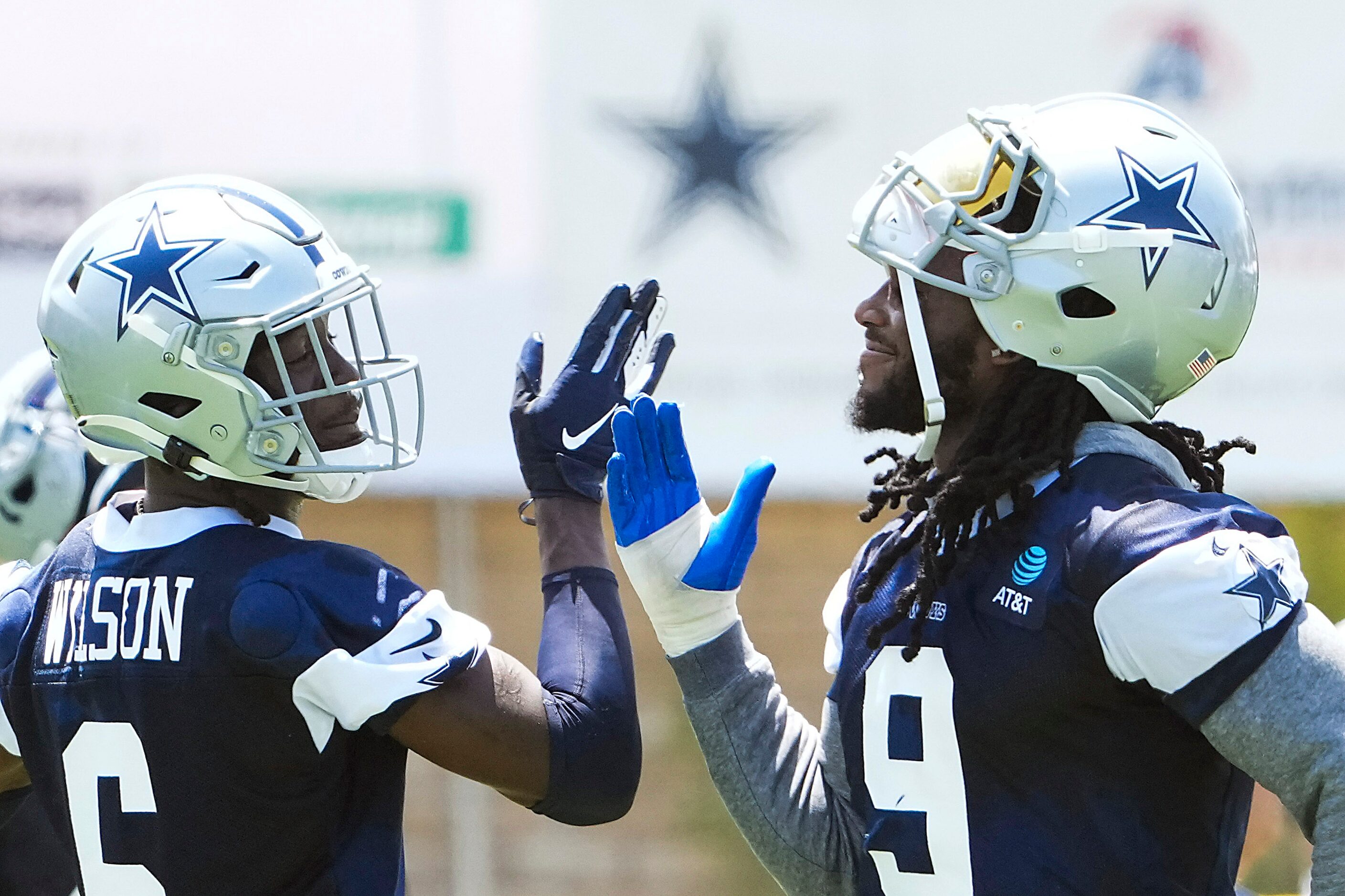 Dallas Cowboys linebacker Jaylon Smith (9) dances with safety Donovan Wilson (6) during the...