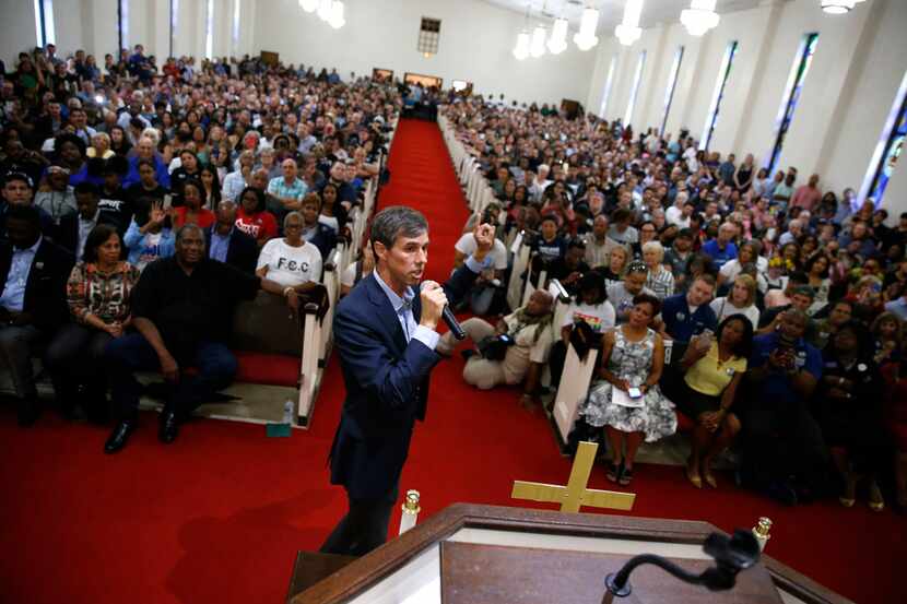 Beto O'Rourke speaks to the crowd during an event at Good Street Baptist Church in Dallas on...