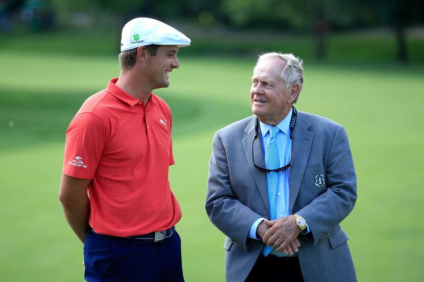 DUBLIN, OH - JUNE 03:  Bryson DeChambeau speaks with Jack Nicklaus after winning the The...