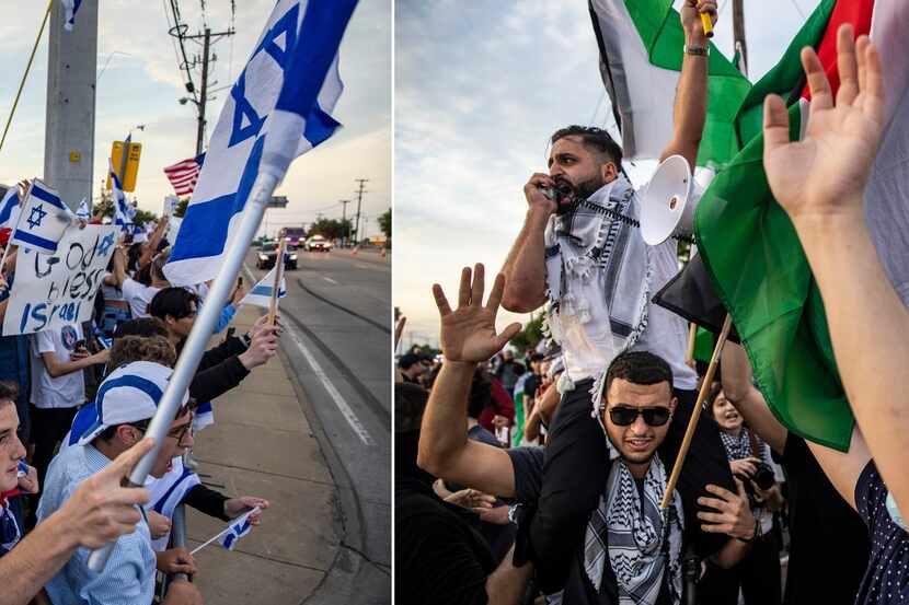 Hundreds of people supporting Israel, and hundreds more supporting Palestinians,...