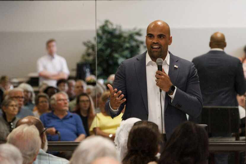 U.S. Representative Colin Allred speaks at a town hall meeting at the Garland Senior...