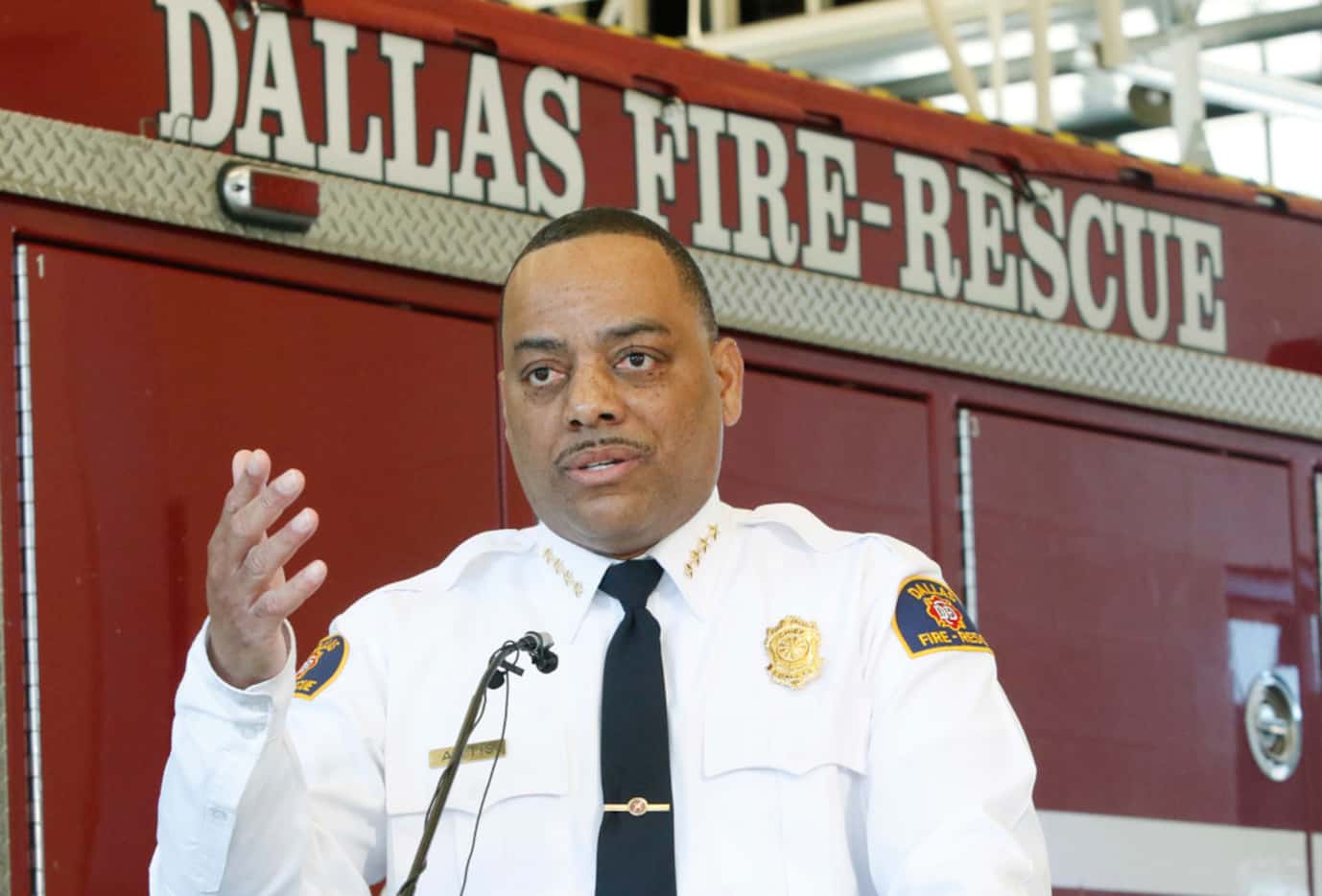Dallas Fire-Rescue Chief Dominique Artis spoke to the news media Friday at Fire Station 6 in...