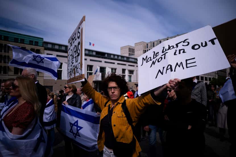 Protesters expressed solidarity with Israel during a rally Berlin on Sunday, April 14, 2024.
