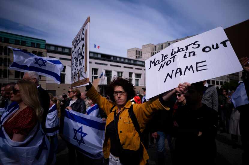 Protesters expressed solidarity with Israel during a rally Berlin on Sunday, April 14, 2024.