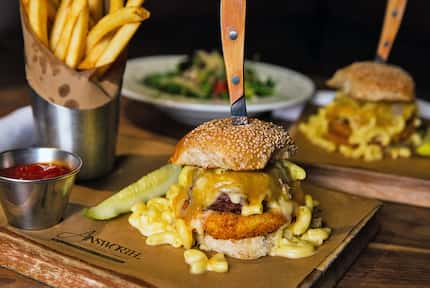 Among the five burgers on The Ainsworth's menu is one topped with gooey mac and cheese. 