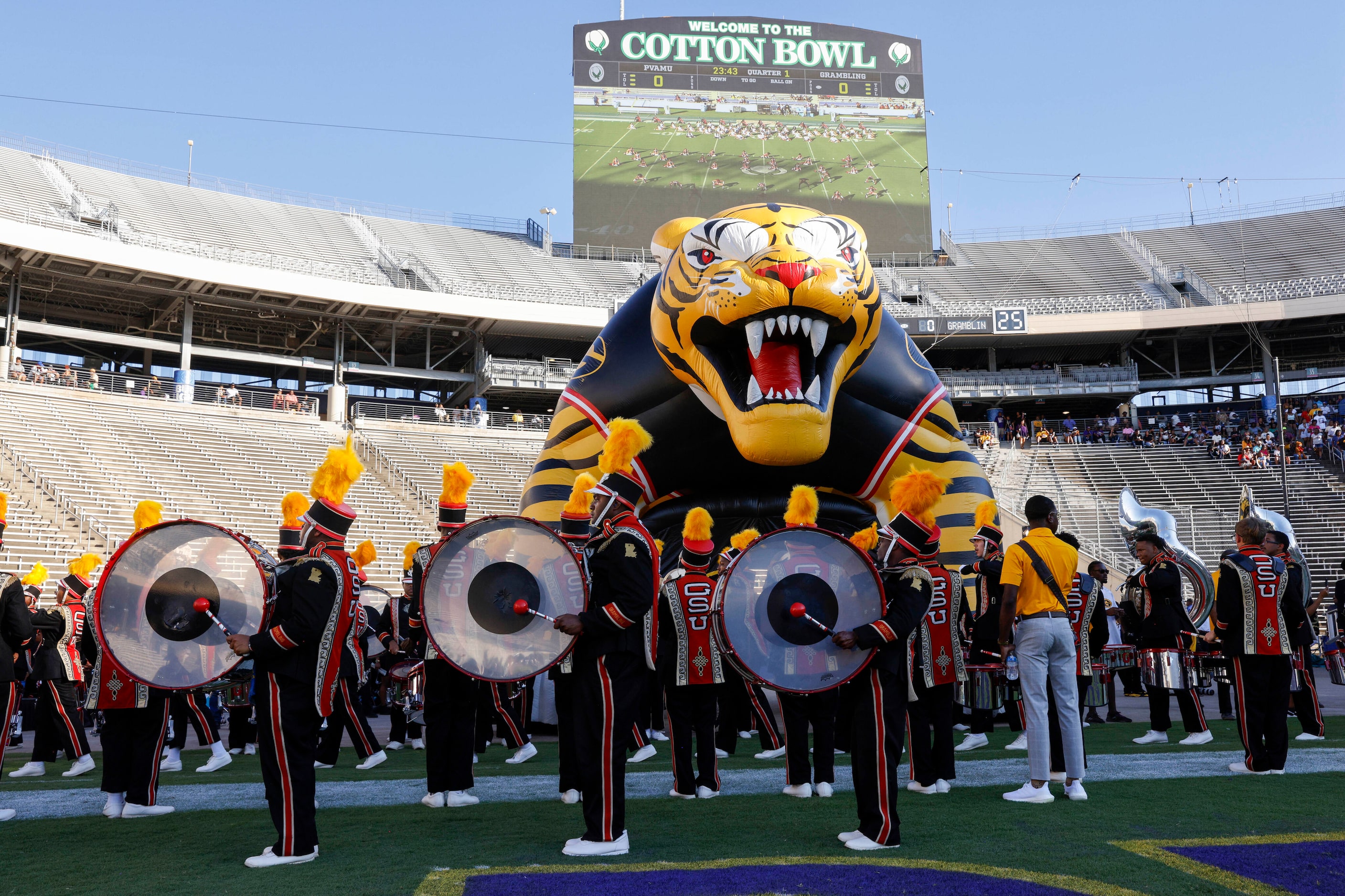 The Grambling State marching band enters the Cotton Bowl before the State Fair Classic...