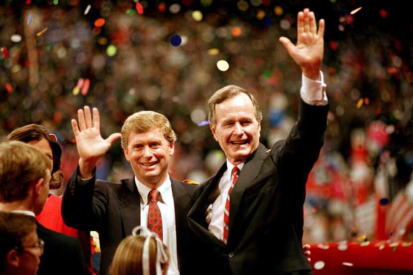 In this Aug. 18, 1988, photo,  Vice President George Bush and his running mate, Indiana Sen....