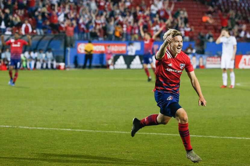 FC Dallas midfielder Paxton Pomykal (19) celebrates a goal during the second half of an MLS...