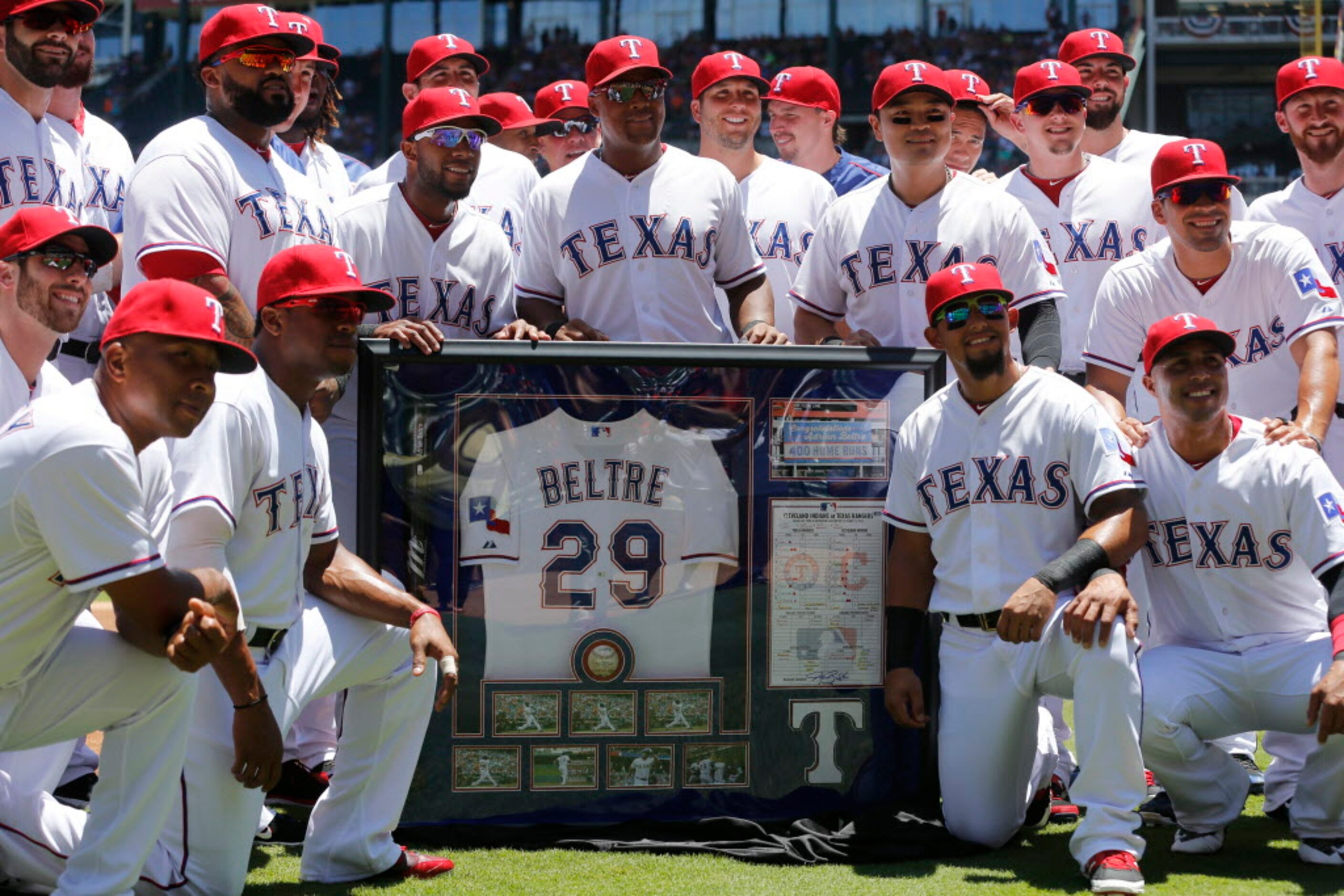 Texas Rangers third baseman Adrian Beltre (29) is recognized for hitting 400 home runs...