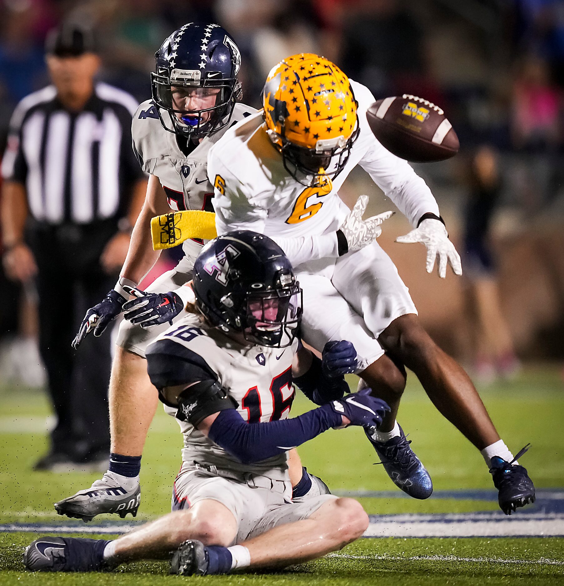 Allen defensive back Caison Smith (16) breaks up a pass intended for McKinney wide receiver...