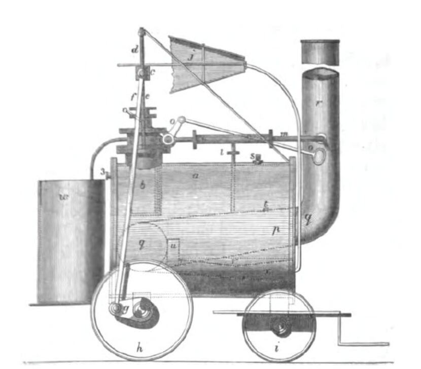 A reconstruction of Richard Trevithick Jr.'s first common road locomotive, 1801. From...