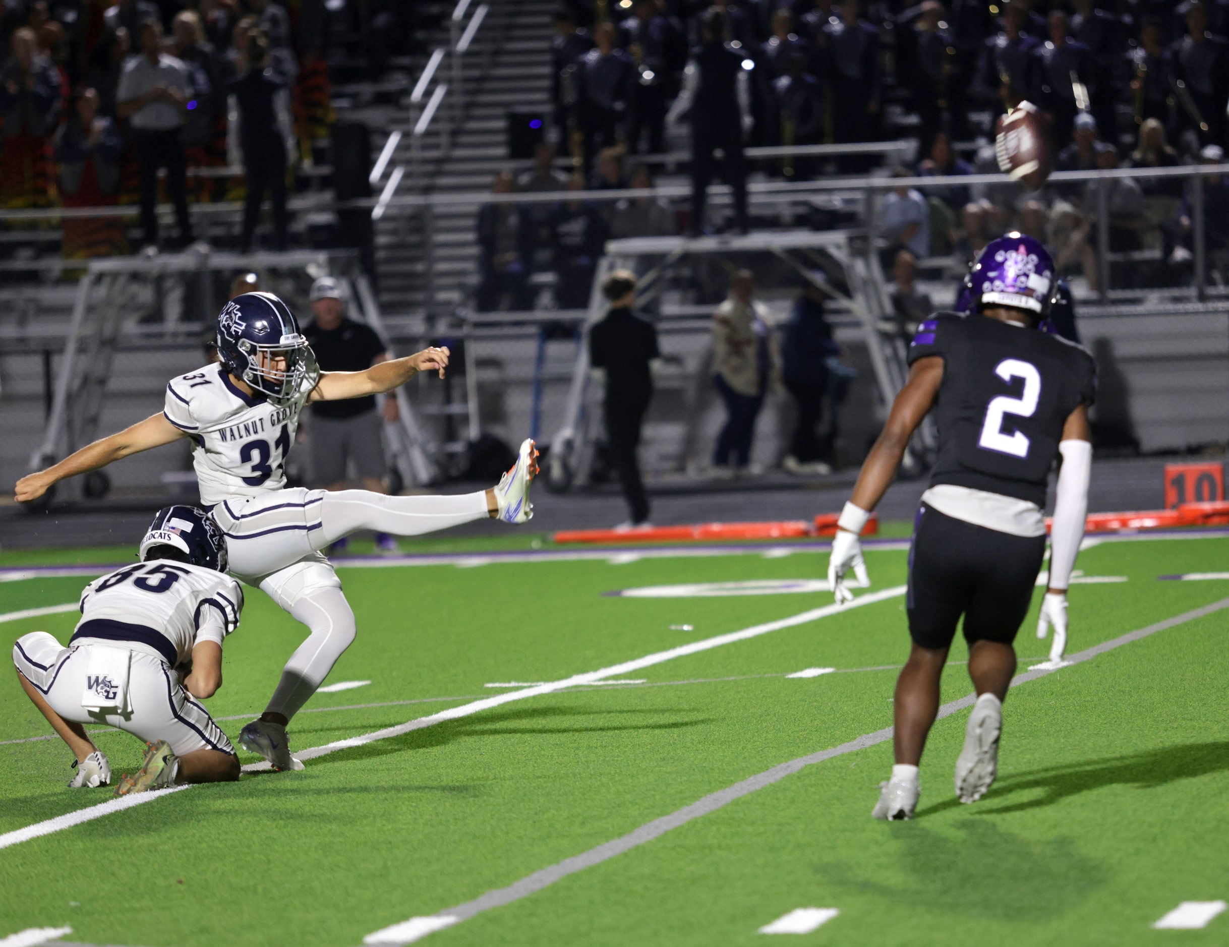 Walnut Grove player #31 Dominic Sciano kicks a field goal during the Prosper Walnut Grove...