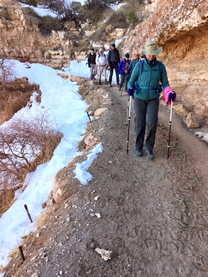Lane Transou (front) carefully navigates the Bright Angel trail in Grand Canyon National...