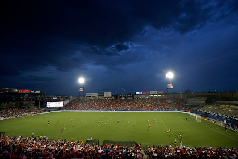 Storm clouds move in over Toyota Stadium as the Colorado Rapids play FC Dallas in the second...
