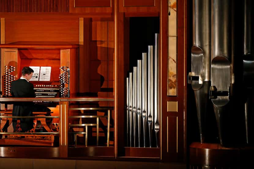 Organist Nathan Laube performs at Morton H. Meyerson Symphony Center in Dallas, Wednesday,...