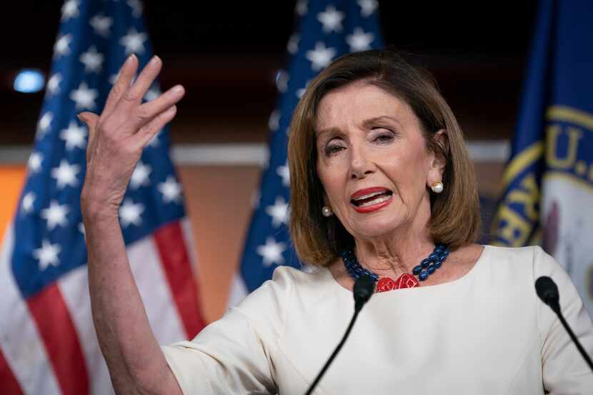 Speaker of the House Nancy Pelosi, D-Calif., addresses reporters at the Capitol in...