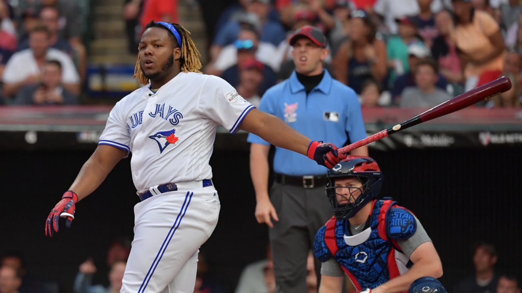 CLEVELAND, OHIO - JULY 08: Vladimir Guerrero Jr. of the Toronto Blue Jays competes in the...