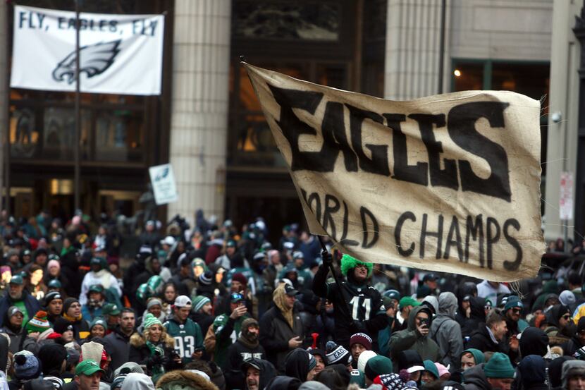 Philadelphia Eagles fans cheer during the Eagles team parade and celebration Thursday Feb....