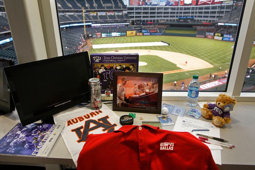 A memorial to writer Richard Durrett is pictured in the Rangers press box, in the spot where...