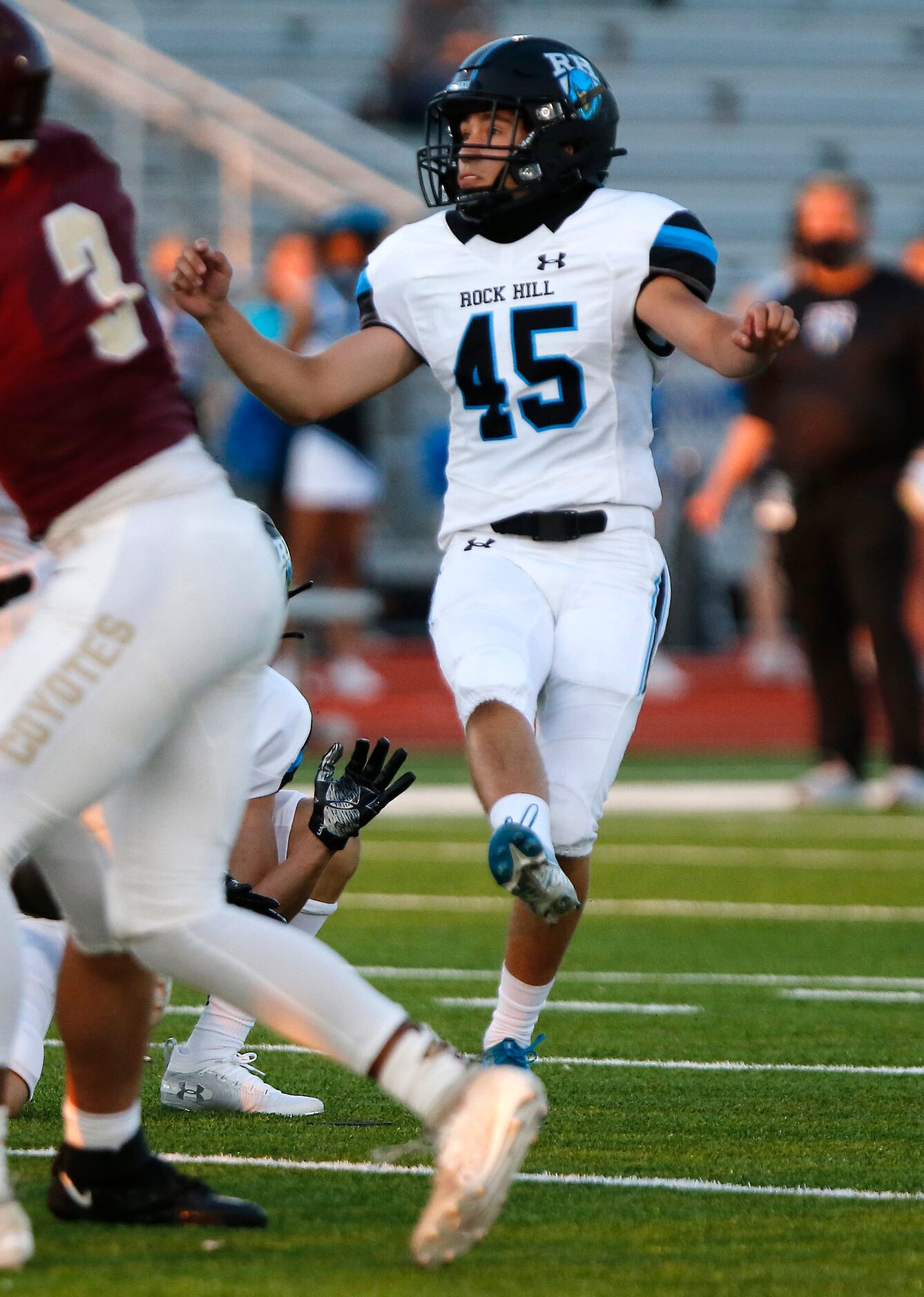 Rock Hill High School kicker Jett Wiseman (45) scores the schools first points ever on a...