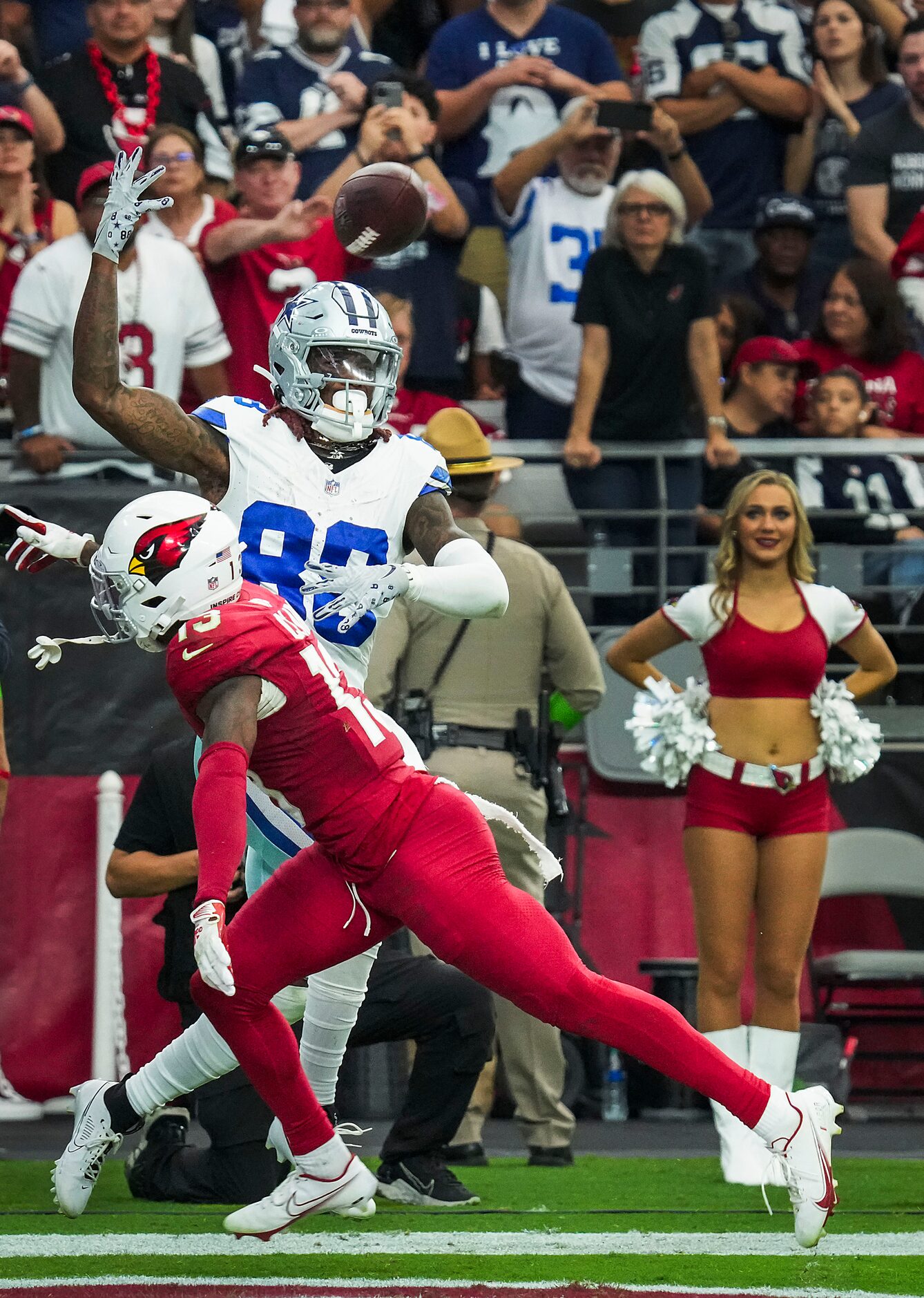 Arizona Cardinals cornerback Kei'Trel Clark (13) breaks up a pass in the end zone intended...