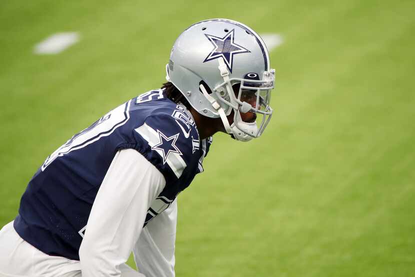 Trevon Diggs #27 of the Dallas Cowboys warms up before the game against the Los Angeles Rams...