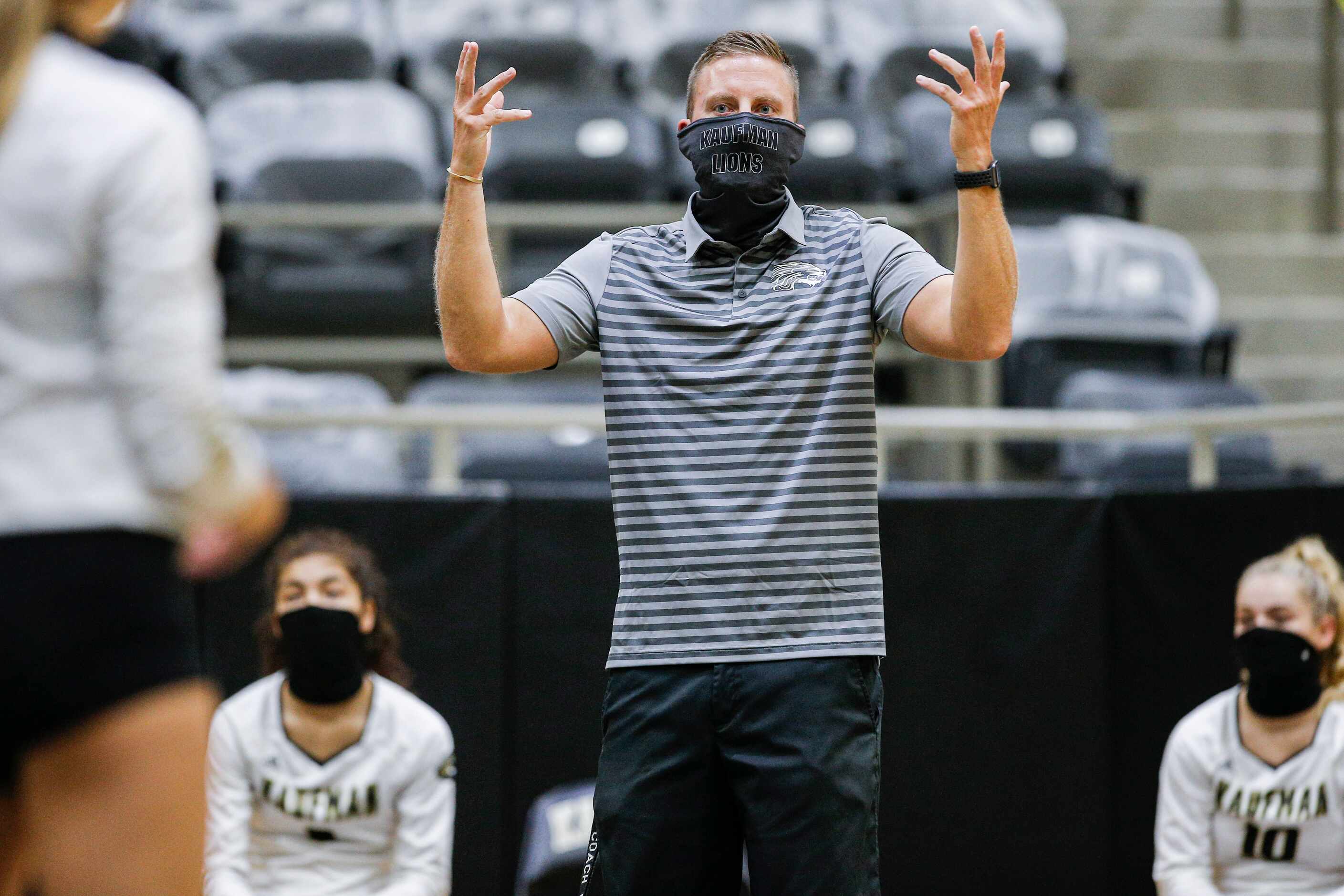 Kaufman head volleyball coach Jeff Maly
gives instructions to his players during a high...