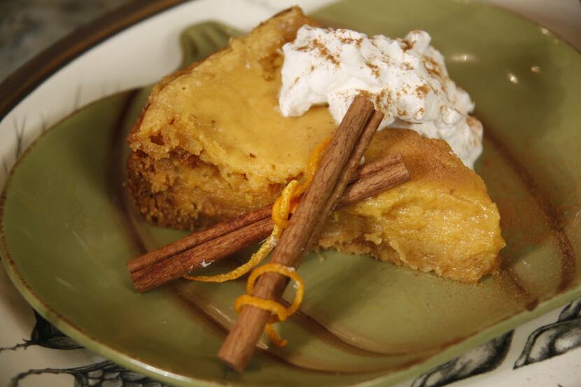 A slice of Pumpkin Cheesecake made by Texas cookbook authors and Web stars "The Crockin...