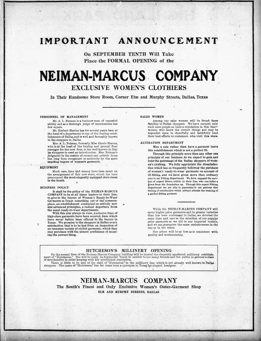 The announcement of the first Neiman Marcus store ran in The Dallas Morning News.
