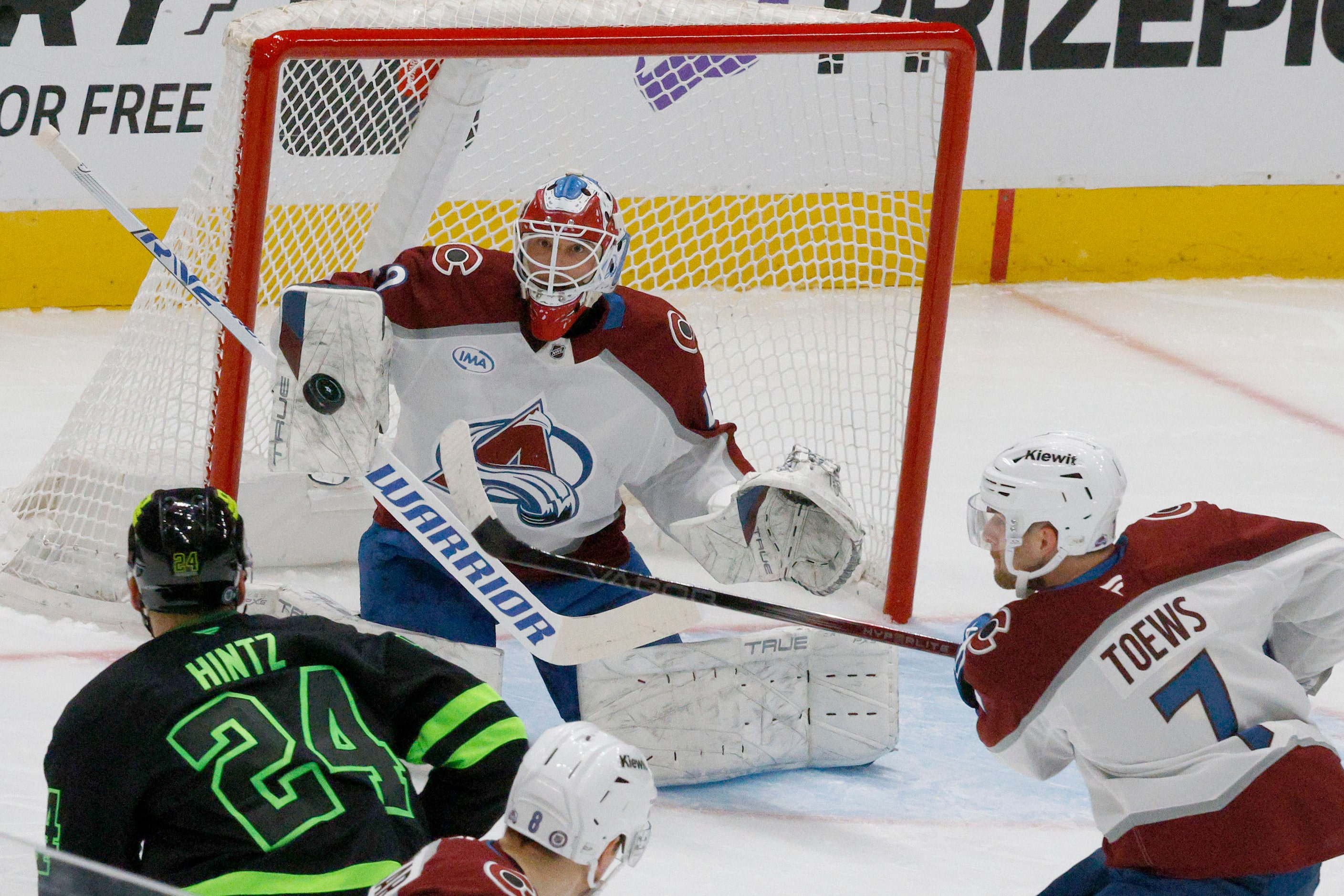 Colorado Avalanche goaltender Alexandar Georgiev (40) makes a save against Dallas Stars...