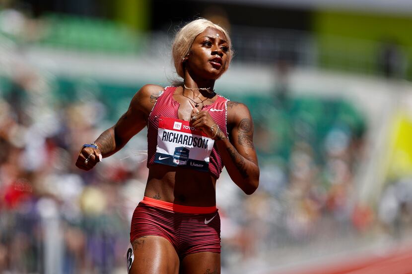 EUGENE, OREGON - JUNE 25: Sha'Carri Richardson competes in the women's 200 meter first round...