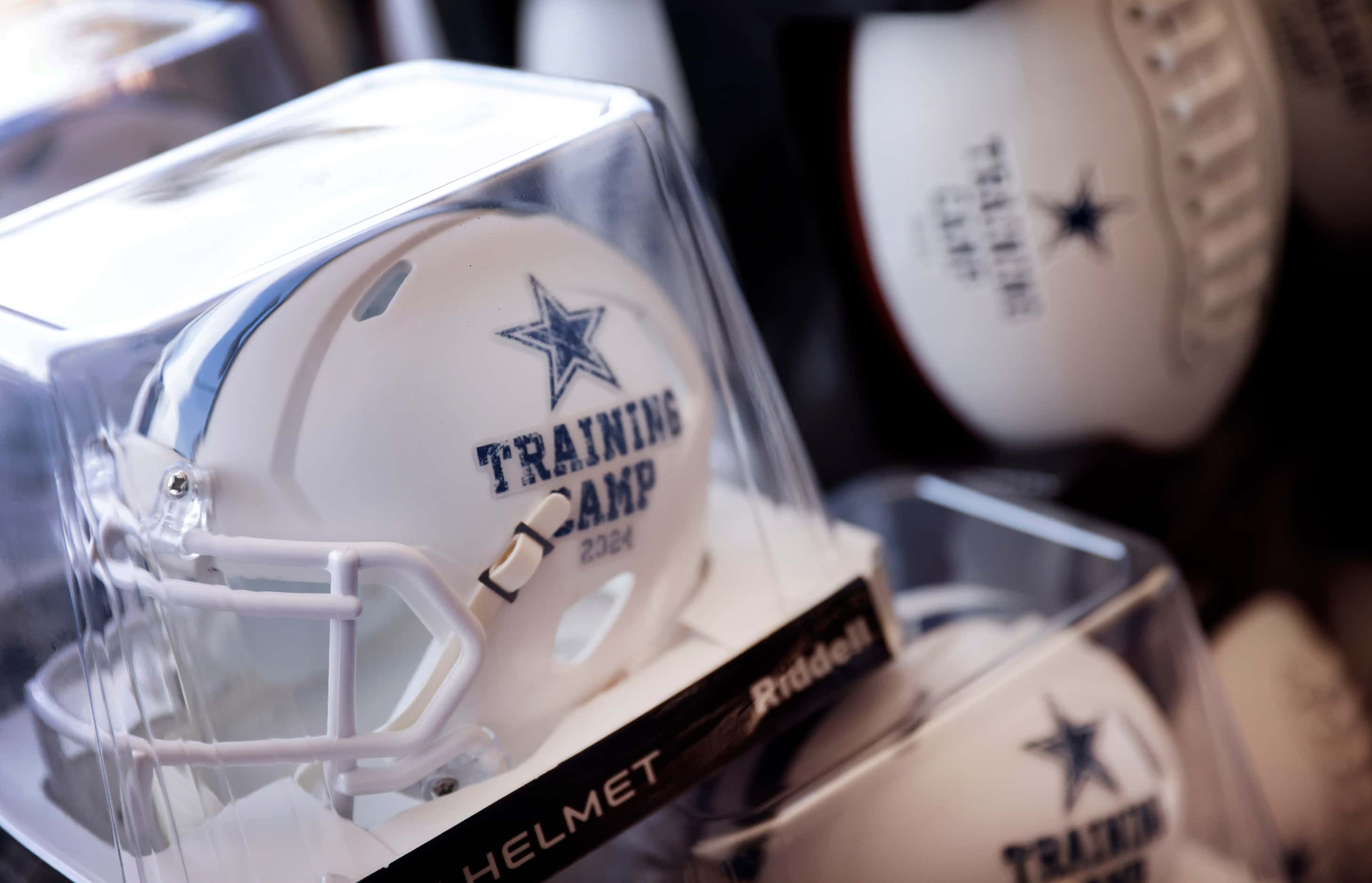 Training camp merchandise is stacked in an onsite store at the Dallas Cowboys camp  at...