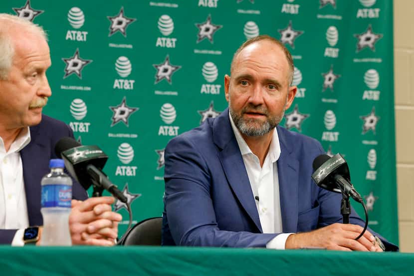 Peter DeBoer, Dallas Stars head coach, speaks during a press conference at the American...