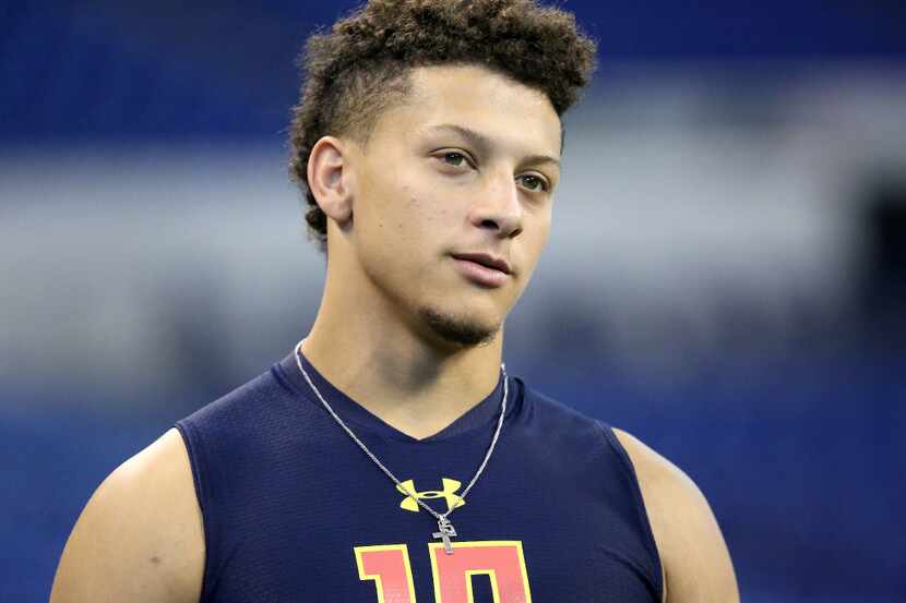Texas Tech quarterback Patrick Mahomes is seen after a drill at the 2017 NFL football...
