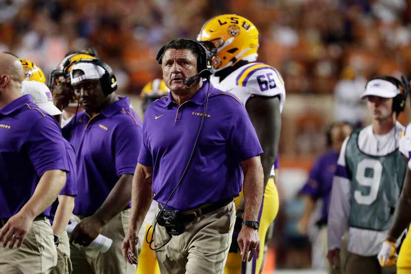 LSU coach Ed Orgeron during the first half of Saturday's game at Texas.