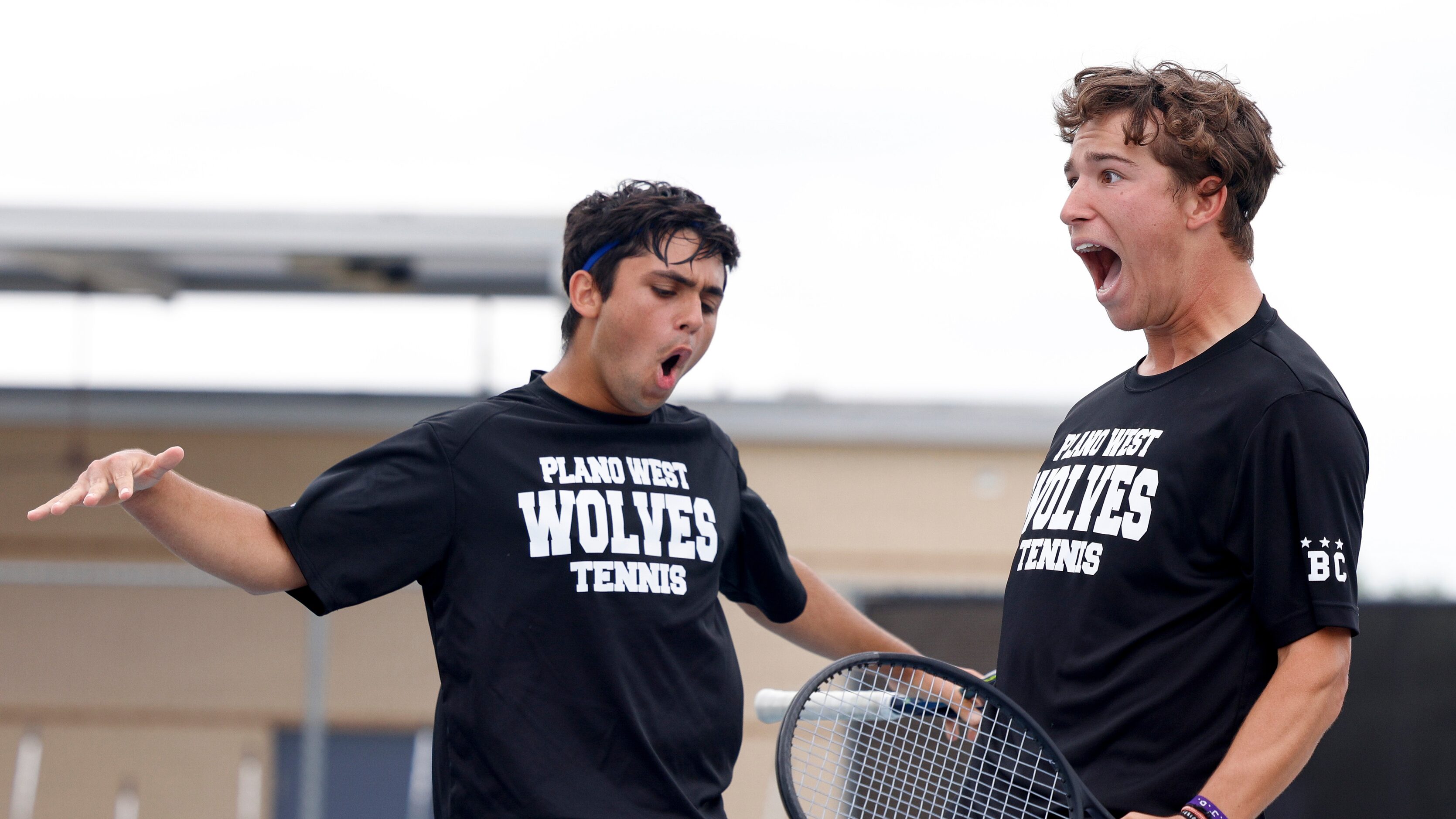 Plano West’s Kishan Kersten and Ethan Scribner celebrate a point during the 6A boys doubles...