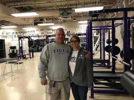 Jay Sharrett and his wife, Lynda, in the fieldhouse at Pickerington Central High School in...