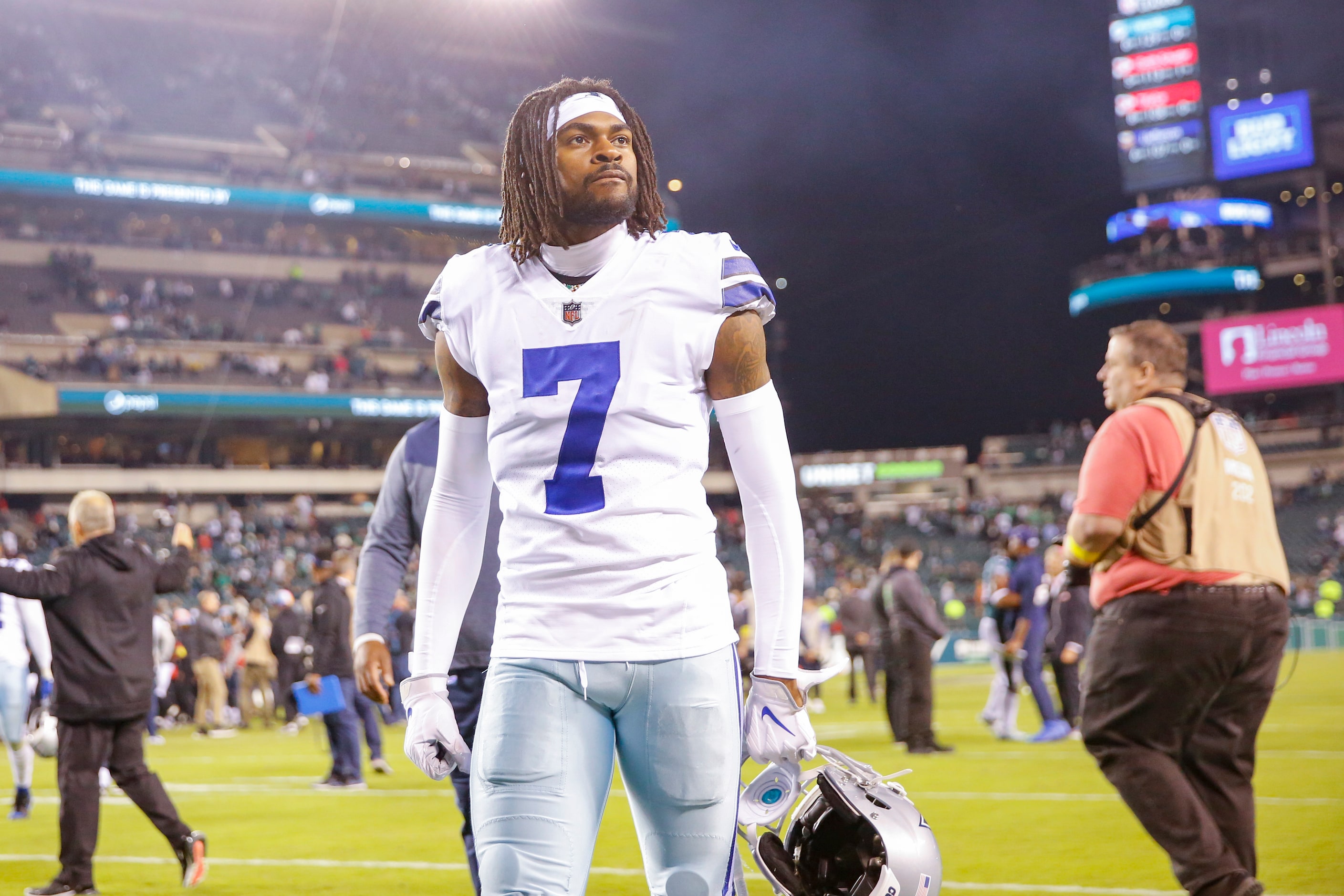 Dallas Cowboys cornerback Trevon Diggs (7) walks off the field following a loss against the...