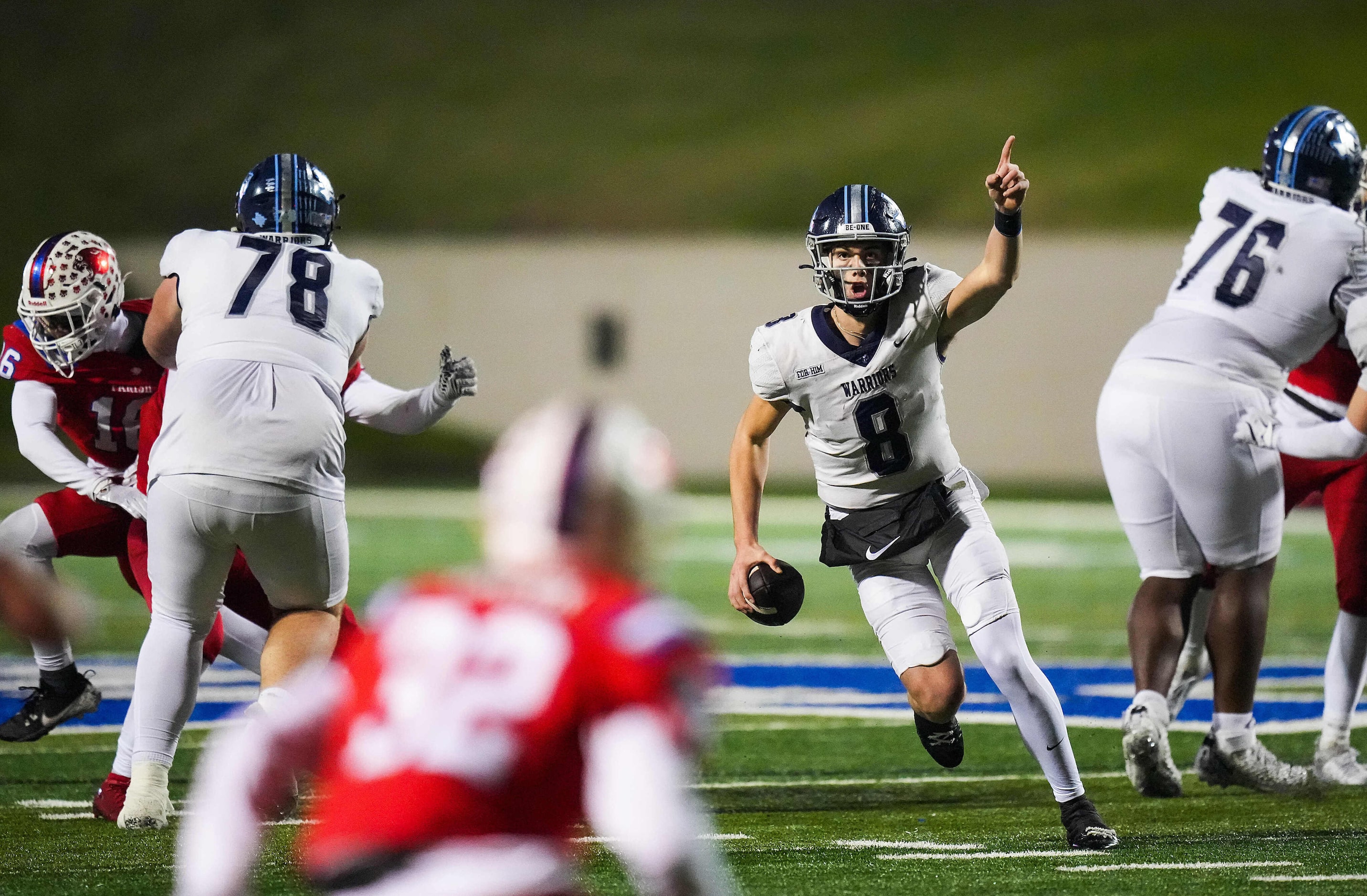 Argyle Liberty Christian quarterback Quinn Murphy (8) looks for a reciever during the second...