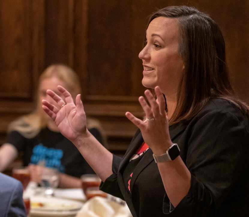 U.S. Senate candidate MJ Hegar speaks with attendees at the Dallas County Democratic Party...