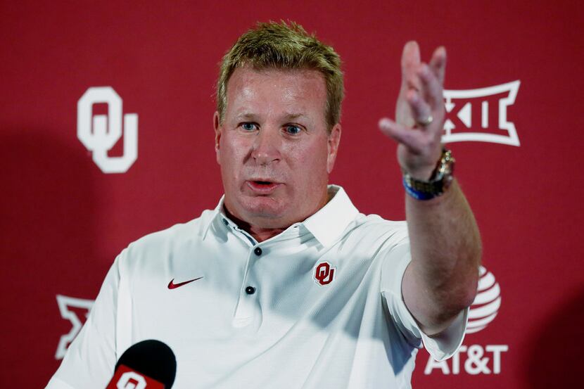 Oklahoma defensive coordinator Mike Stoops is pictured during an NCAA college football media...