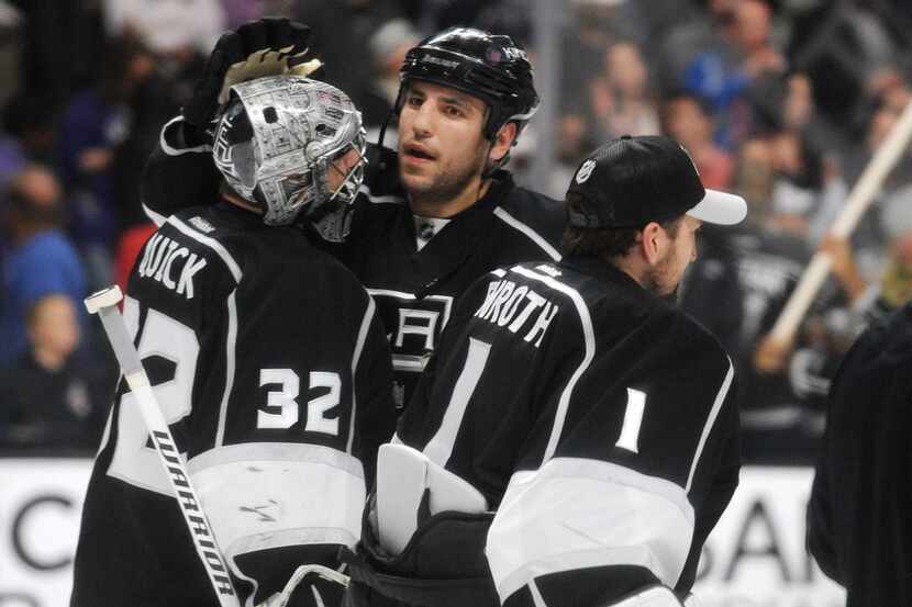 April 7, 2016; Los Angeles, CA, USA; Los Angeles Kings goalie Jonathan Quick (32) and left...