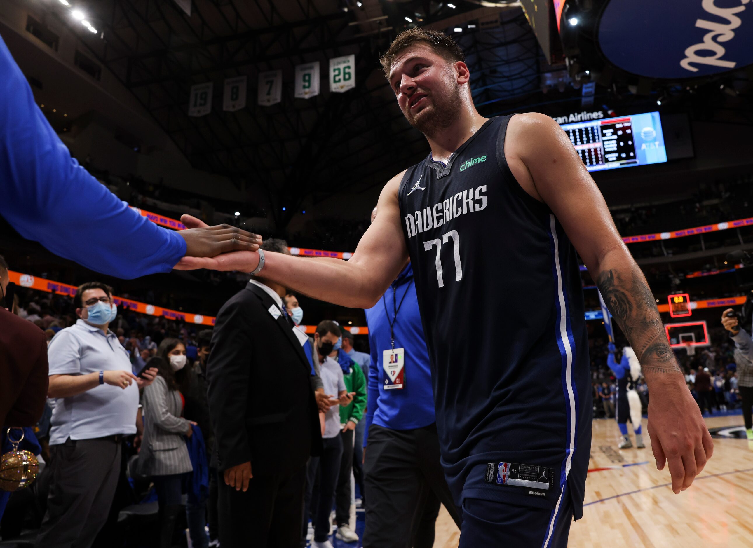 Dallas Mavericks guard Luka Dončić (77) walks out following the Dallas Mavericks home opener...