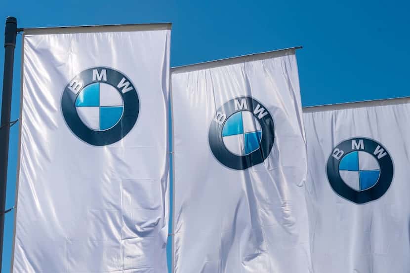 Flags with the BMW logo are pictured prior to the annual general meeting in Munich on May...