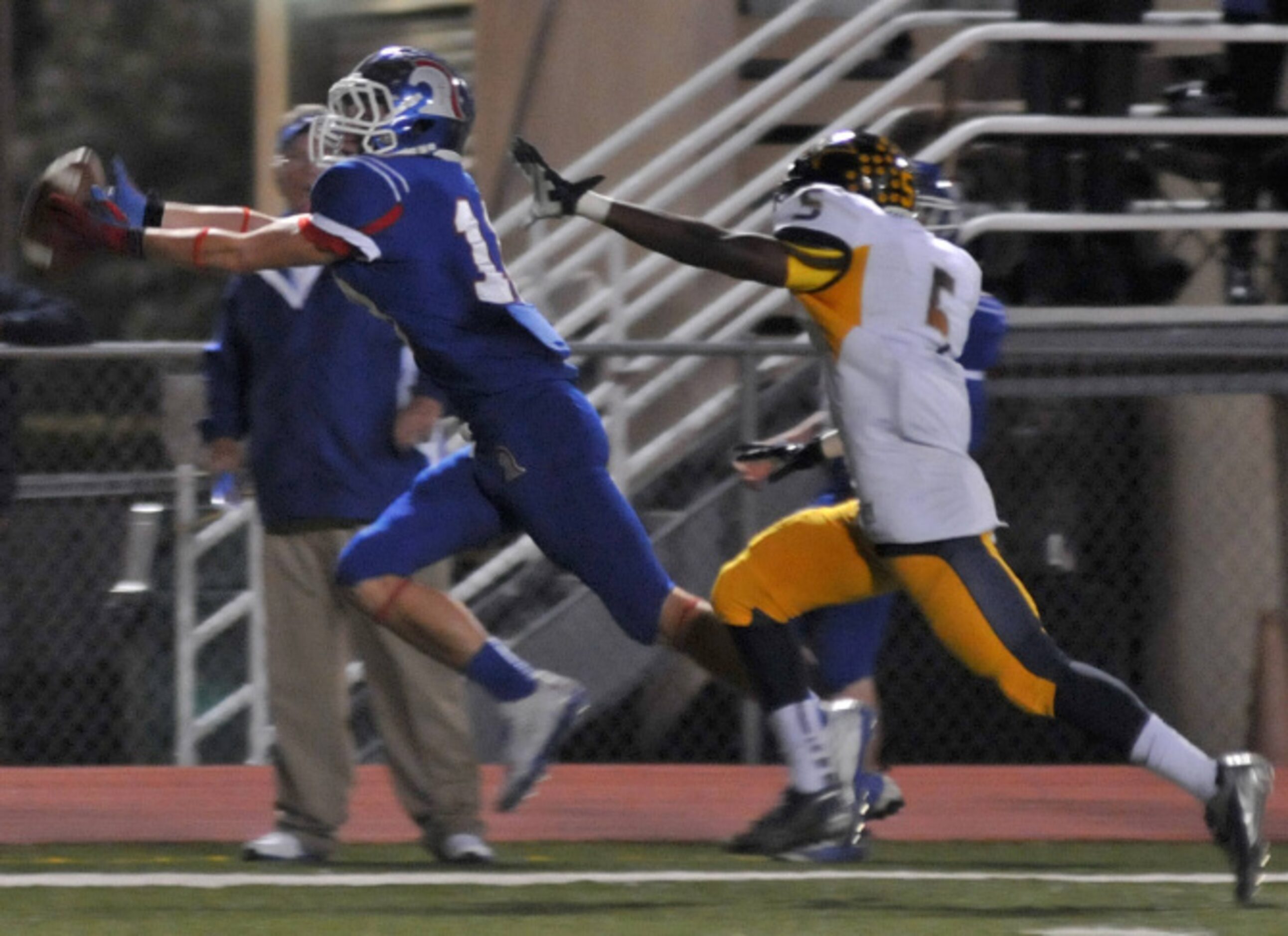 Trinity Christian Academy junior Brock Thomas (19) catches a pass as Prestonwood Christian...