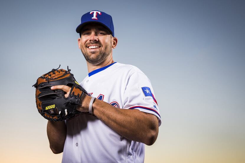 Texas Rangers catcher Brett Nicholas photographed during spring training photo day at the...