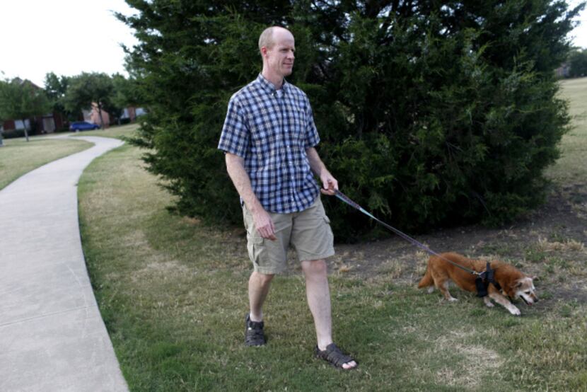 Matt Wixon walking his dog Maggie, in Plano on May 21, 2012.