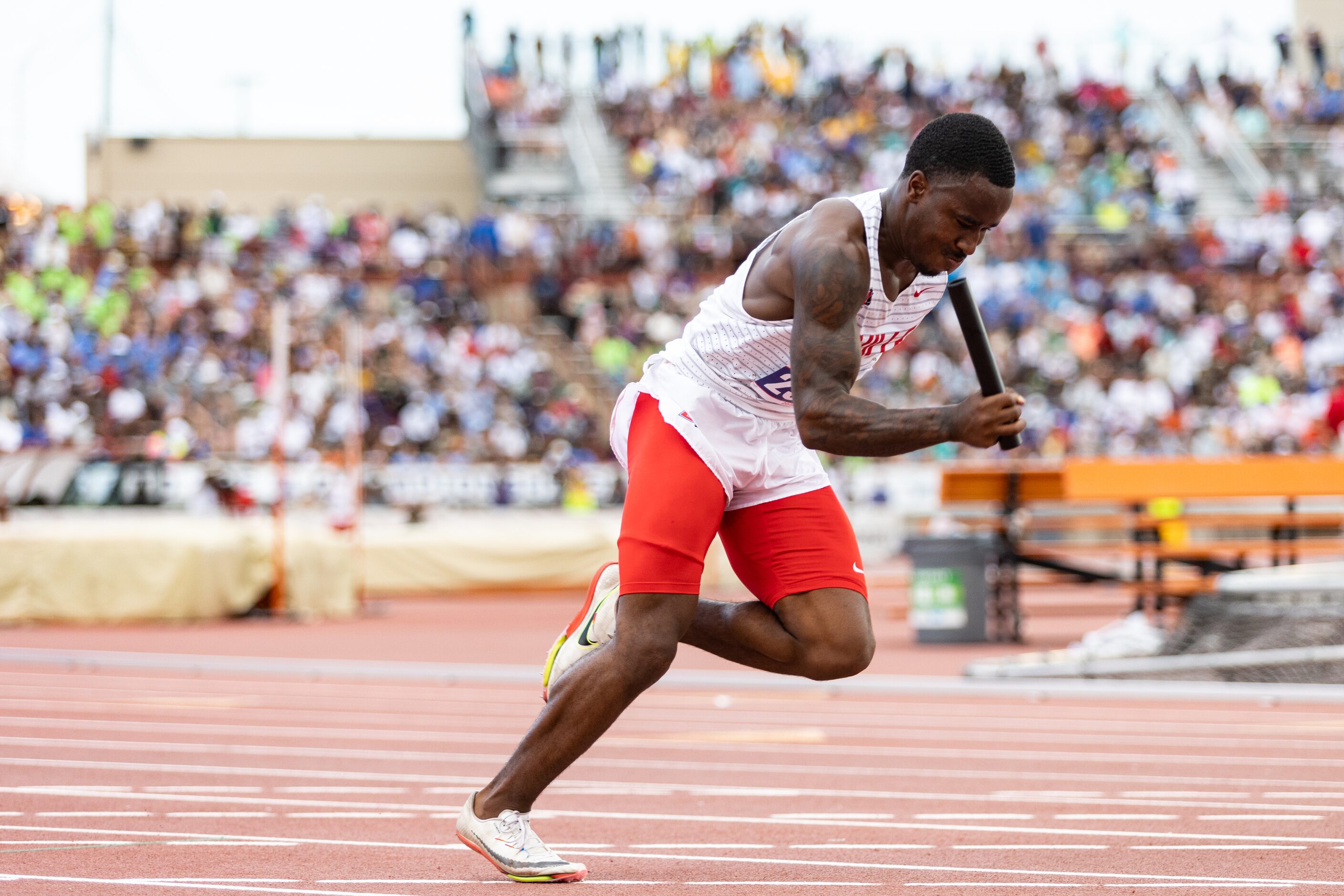 Chris Hicks of Duncanville races in the boys’ 4x200-meter relay at the UIL Track & Field...