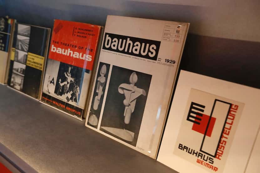 Books on the German art school Bauhaus are displayed at the exhibition "Oskar Schlemmer...