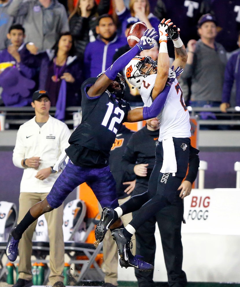 FILE - TCU Horned Frogs cornerback Jeff Gladney (12) keeps Oklahoma State Cowboys wide...